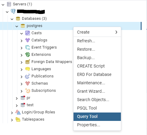 Database에서 Query Tool을 선택